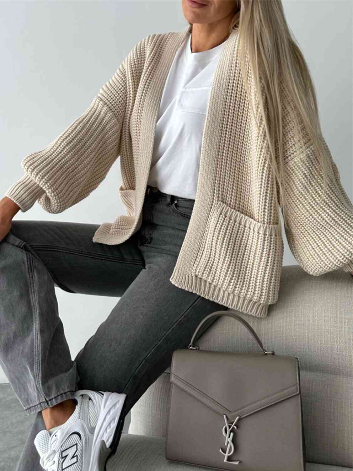 Solid Color V-neck Long-sleeved Casual Knitted Cardigan