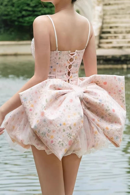 Ruched Corset Bow A Line Mini Floral Dress