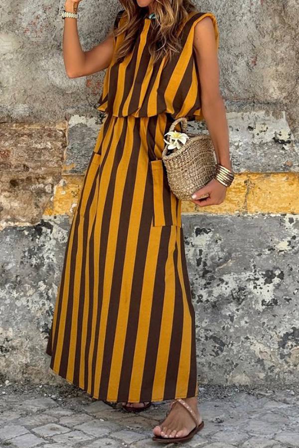Sleeveless Striped Waist-Cinched Maxi Dress