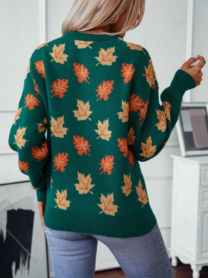 Maple Leaf Pattern Jacquard Casual Pullover Sweater for Women