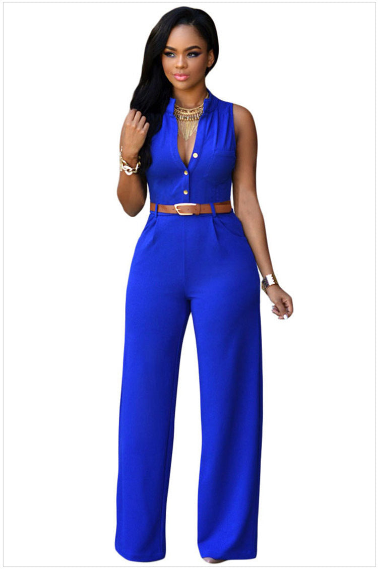 Women Clothing Single Breasted High Waist with Belt Wide Leg Pants Jumpsuit