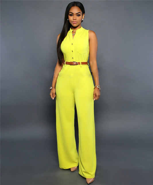 Women Clothing Single Breasted High Waist with Belt Wide Leg Pants Jumpsuit