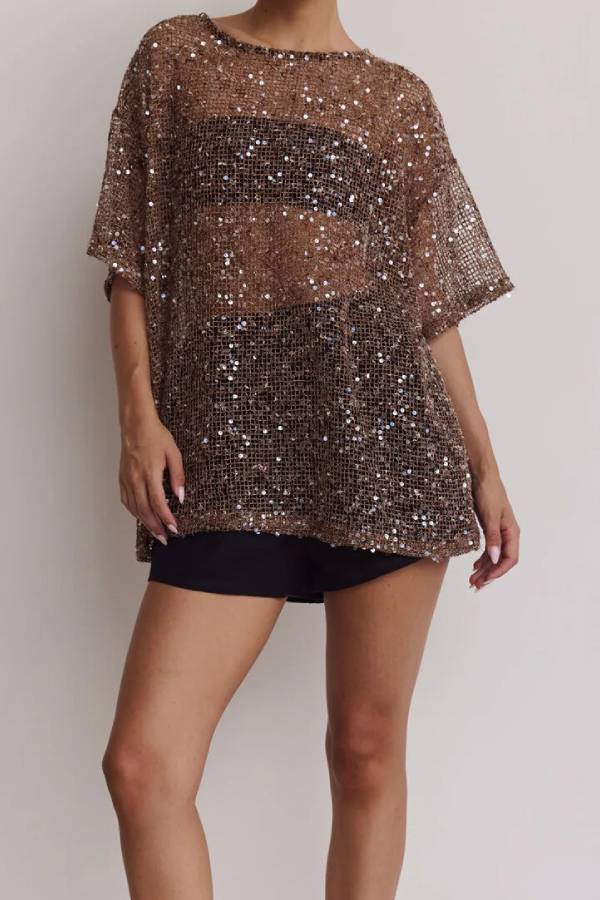 Sequin Mesh Sheer Oversized Tunic Top Round Neck Loose Mid Sleeve Party Cover Up