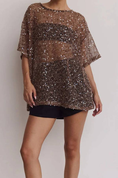 Sequin Mesh Sheer Oversized Tunic Top Round Neck Loose Mid Sleeve Party Cover Up