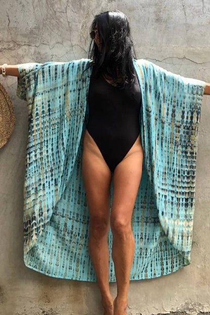 Multi-Color Tie-Dye Belted Open Front Beach Kimono