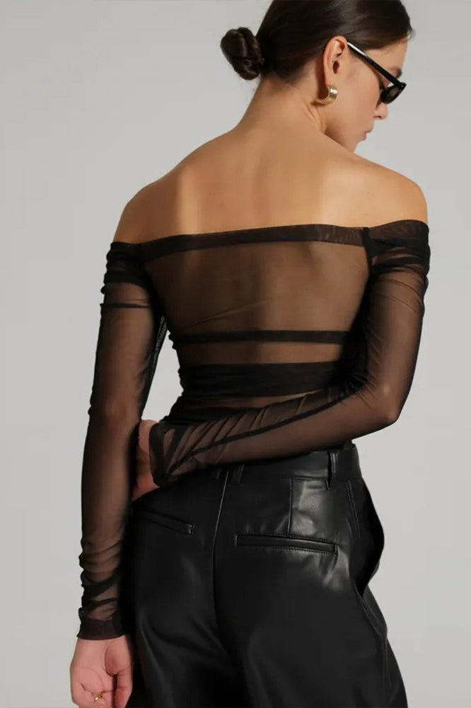 Off Shoulder Sheer Mesh Bodycon Long Sleeve Tee
