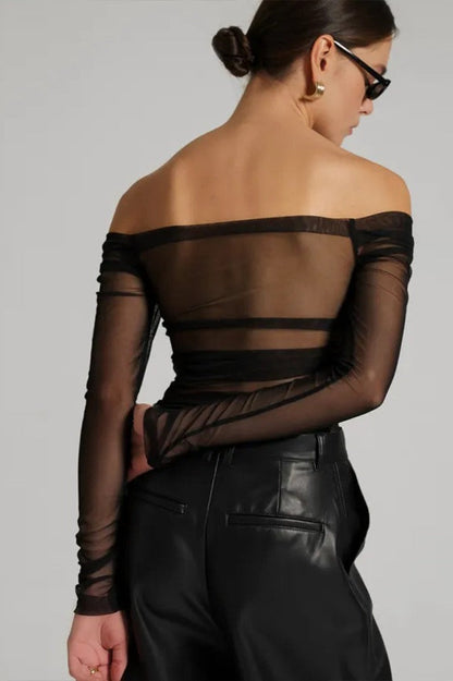 Off Shoulder Sheer Mesh Bodycon Long Sleeve Tee