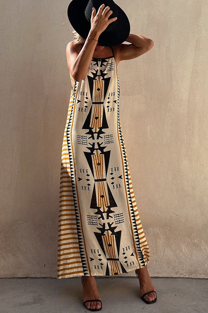 Geometric Tribal Print Square Neck Spaghetti Strap Maxi Dress
