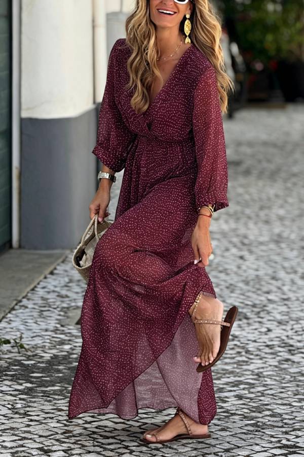 Burgundy Polka Dot V‑Neck Waisted Ruffle Maxi Dress