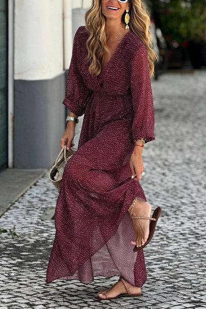 Burgundy Polka Dot V‑Neck Waisted Ruffle Maxi Dress