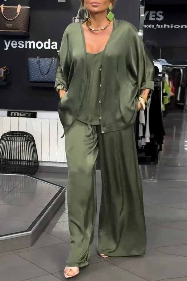 Ellie Satin Button Half Sleeve Cardigan and Tank and Elastic Waist Pocket Pants 3 Pieces Set