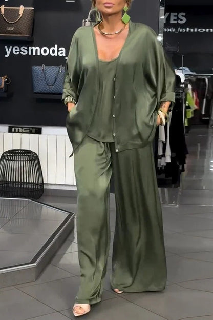 Ellie Satin Button Half Sleeve Cardigan and Tank and Elastic Waist Pocket Pants 3 Pieces Set