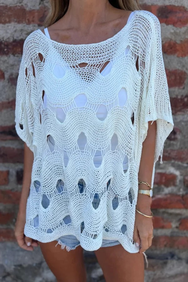Solid Color Loose-fitting Openwork Casual Knit Top