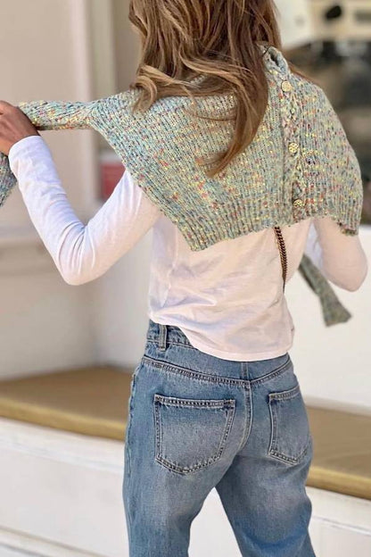 Light Green Heather Cropped V-Neck Knit Cardigan