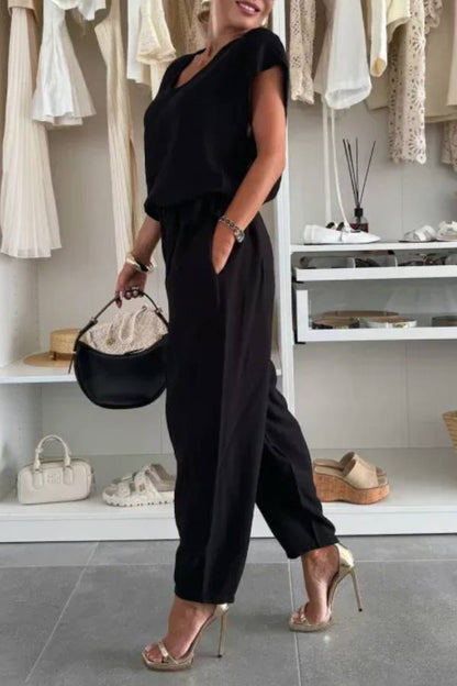 Leva Linen Blend Drawstring Short Sleeve Top and Elastic Waist Pocket Loose Tapered Pants