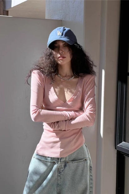 Slim Fit Low Cut Long V Neck Ribbed Long Sleeve Top