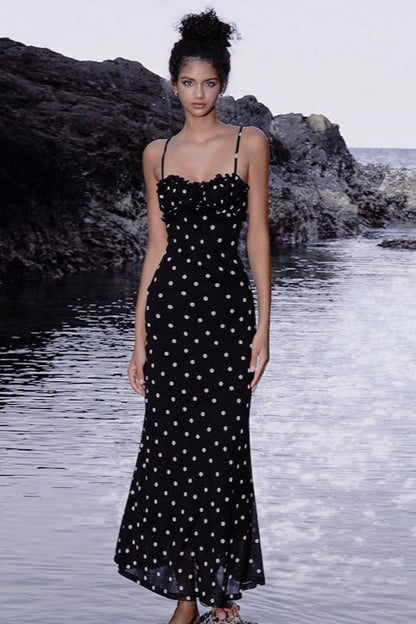 Polka Dot Sweetheart Ruffle Neck Spaghetti Strap Bodycon Maxi Dress