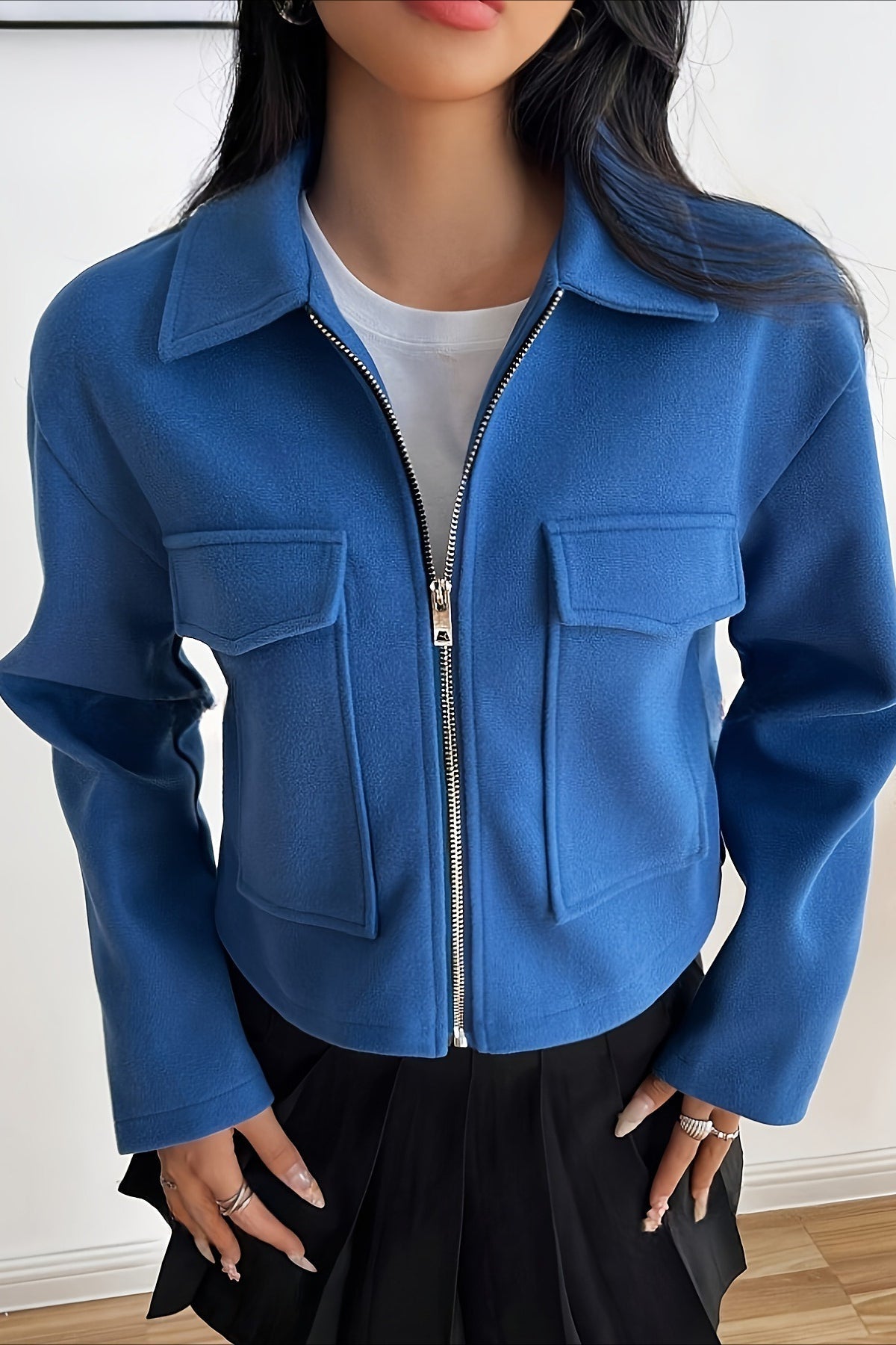 Solid Color Cropped Zip Sleeve Jacket