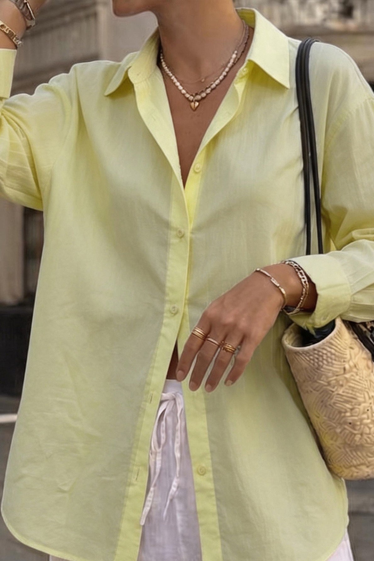 Yellow Relaxed Basic Button Down Blouse