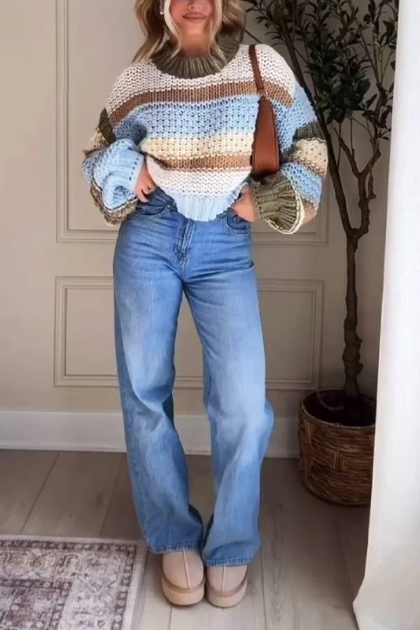 Casual Comfortable Striped Crewneck Sweater