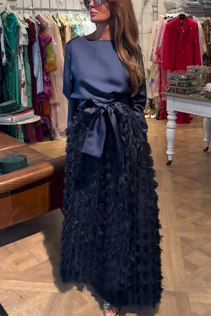Elegant Diary Embroidered Dimensional Flower Fabric High Rise Pocket Slit Maxi Skirt