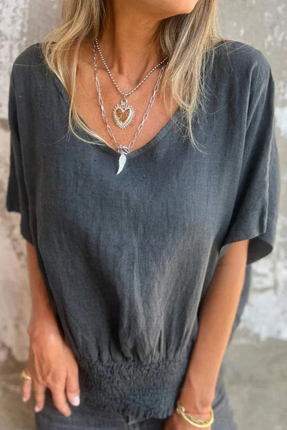 Linen Blend Solid Color V-neck Loose Pleated Casual Top