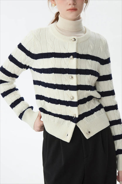 Black White Wool Twist Knit Cardigan