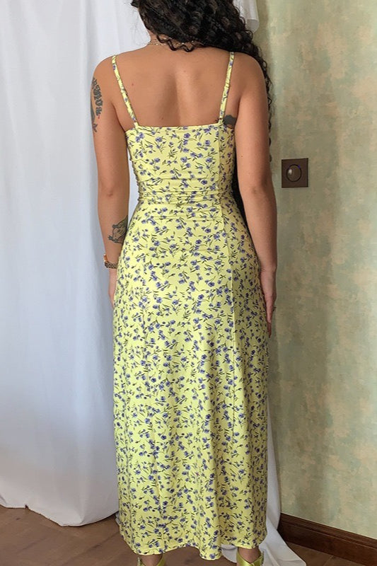 Lace Strap Slit Slim Maxi Floral Dress