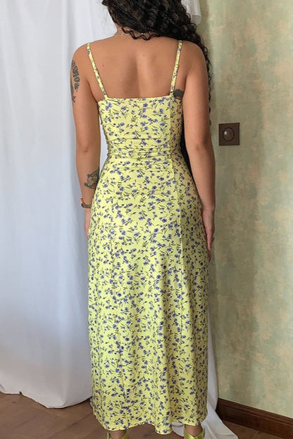 Lace Strap Slit Slim Maxi Floral Dress