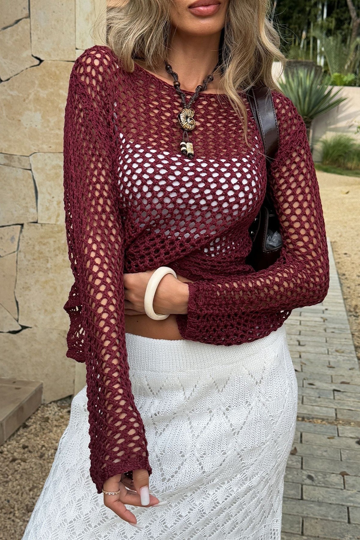 Long Sleeve Hollow Out Vacation Cover Up