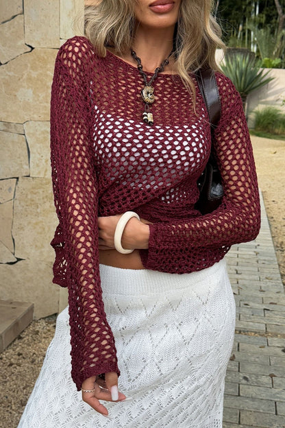 Long Sleeve Hollow Out Vacation Cover Up