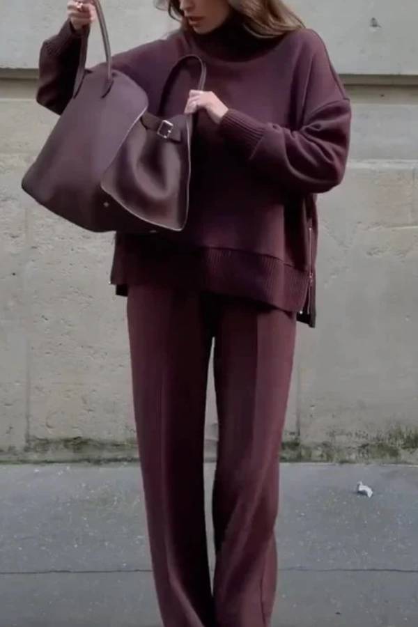 Double Soft Turtleneck Side Zipper Sweatshirt and Elastic Waist Pocketed Loose Pants Set