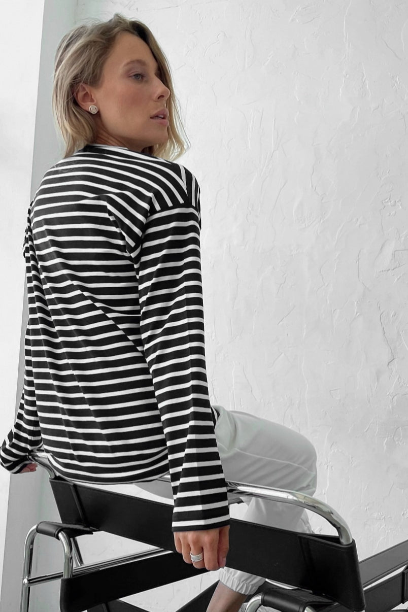 Cotton Striped Crew Neck Long Sleeve Tee
