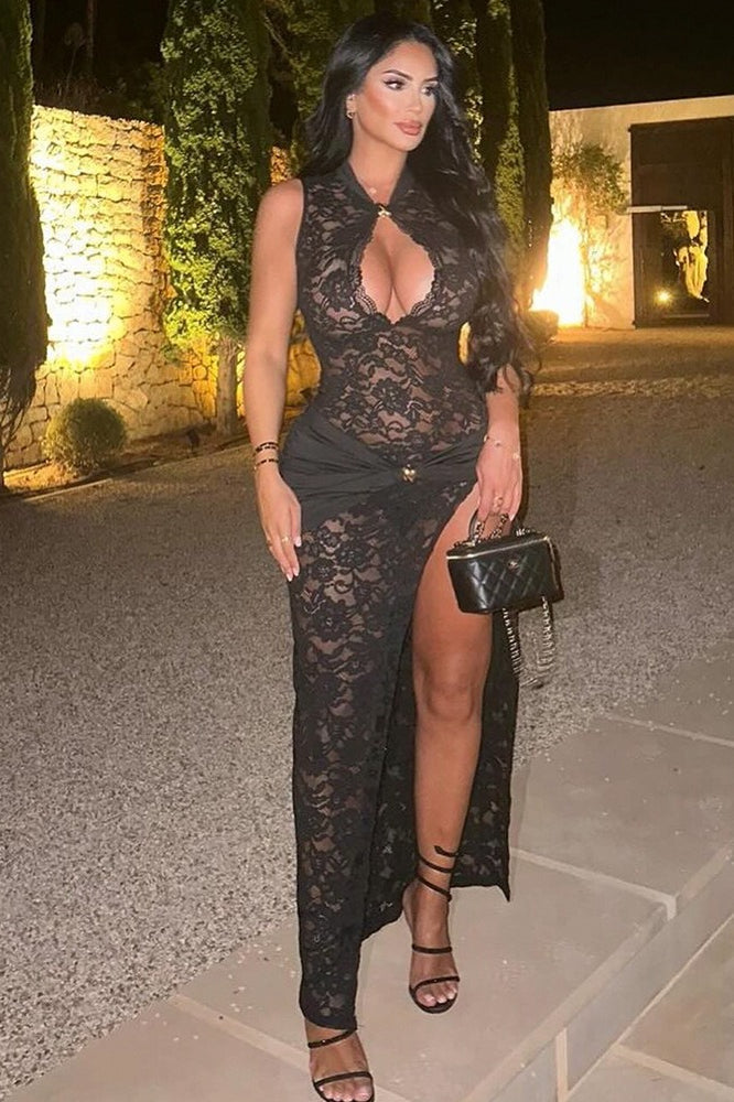 Lace High Split Sleeveless Lace Dress