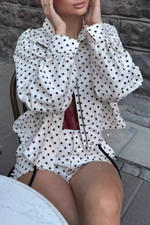 Polka Dot Print Stand Collar Zip-Up Drawstring Cropped Jacket