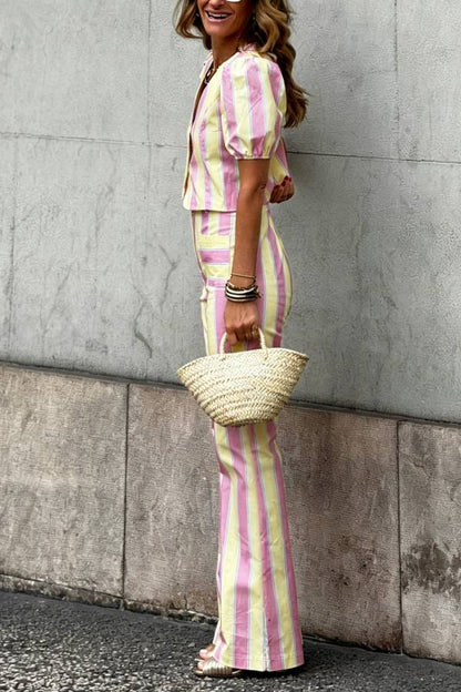 Pink Yellow Stripe 2 Piece Outfit Puff Sleeve Crop Top & High Waist Flare Pants Set