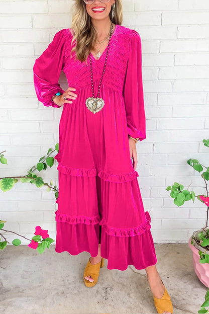 Rose Red Shirred V Neck Long Sleeve Velvet Dress