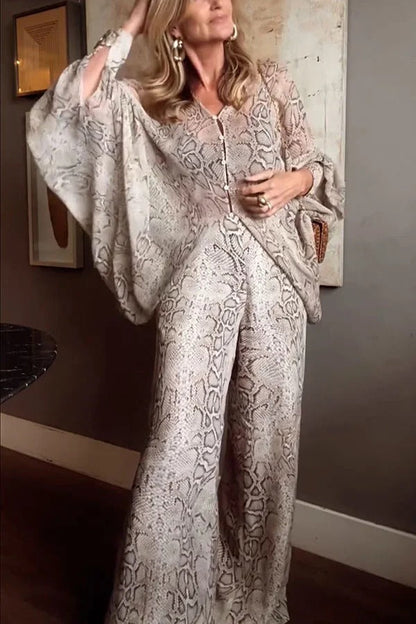 Iselle Animal Print Button Up Batwing Sleeve Shirt and Elastic Waist Wide Leg Pants Set