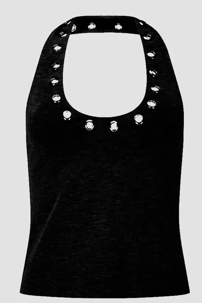 Metal Ring Cut Out Halter Sexy Fitted Halter Top
