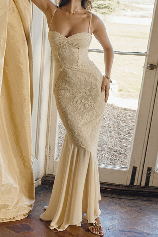 Sweetheart Ruched Floral Lace Panel Mermaid Flare Hem Maxi Dress