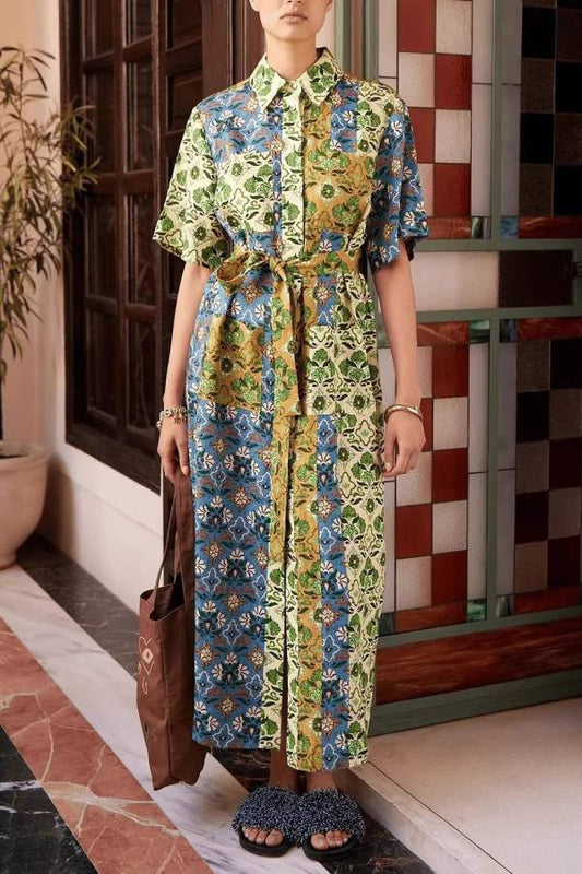Color Block Vintage Floral Print Belted Shirt Collar Split Maxi Shirt Dress
