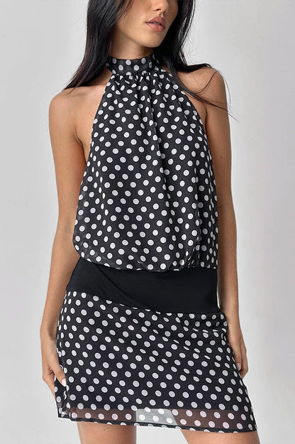Polka Dot Halter Top and Elastic Waist Mini Skirt Two Piece Set
