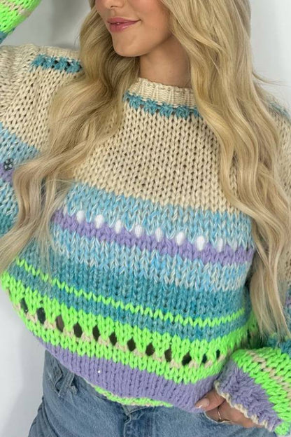 Rainbow Mood Multicolor Round Neck Hollow Long Sleeve Knitted Sweater