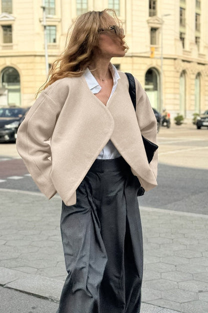 Khaki V Neck Asymmetric Wool Blend Coat