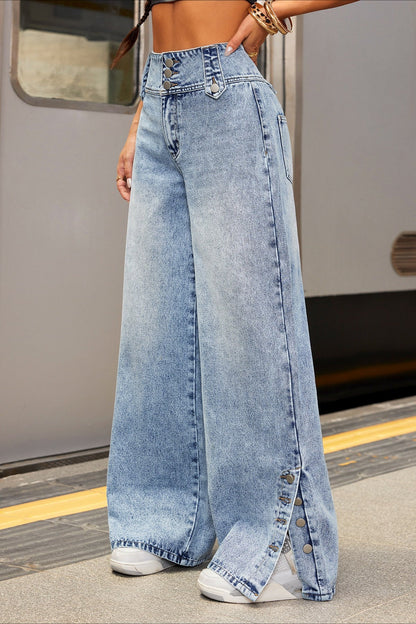 Side Button High Rise Loose Wide Leg Jeans