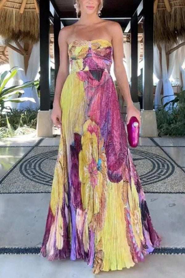 Spaghetti Strap Waisted Floral Print Swing Maxi Dress