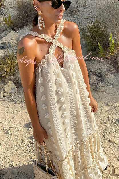 3D Floral Applique Halter Keyhole Tiered Maxi Dress