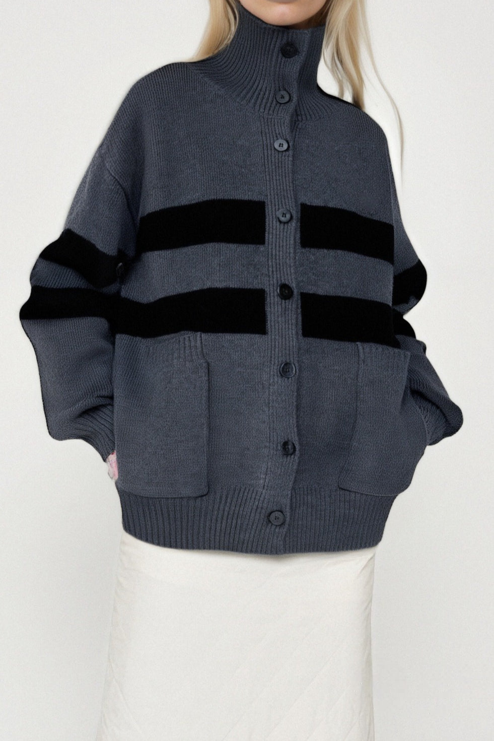 High Neck Color Block Stripe Cardigan