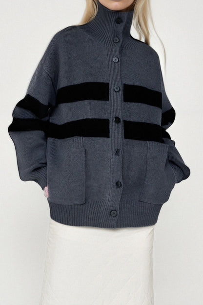 High Neck Color Block Stripe Cardigan