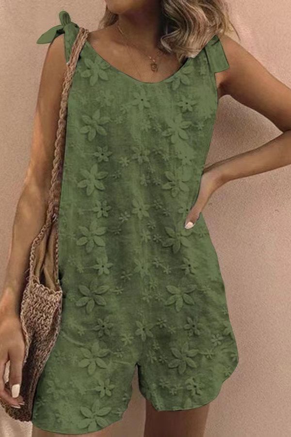Embroidered floral lace-up tank top romper